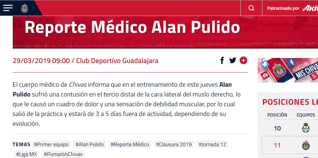 Reporte médico de Alan Pulido