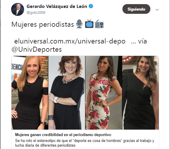 Gerardo Velázquez de León comparte nota sobre la mujer en el periodismo deportivo y los tuiteros se le van a la yugular Gerardo Velázquez de León comparte nota sobre la mujer en el periodismo deportivo y los tuiteros se le van a la yugular